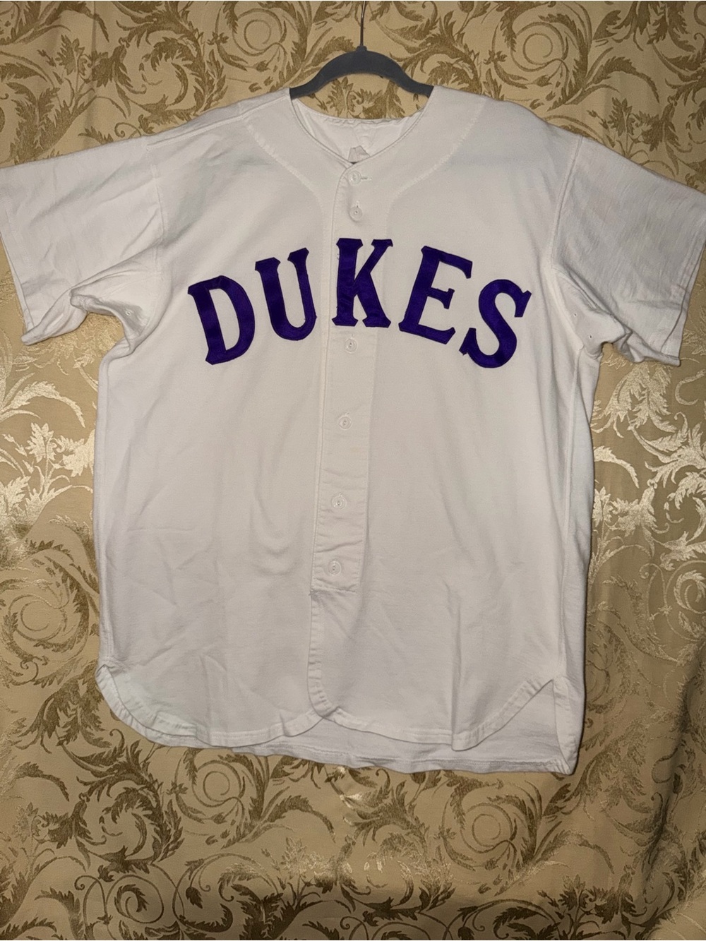 White 'vtg DUKES' Baseball Jersey with Purple Appliqué